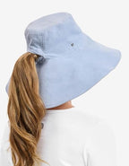 Women's Ultra Wide Cotton Linen Hat UPF 50+ (Small-Medium / Light Blue / Beige)