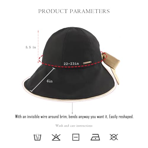 HUALBO Wide Brim Hats for Woman Foldable Hats Sun Hats for Women uv Protection Bowknot Bucket hat Adjustable hat with Ponytail Hole Black (Black)
