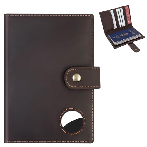 Crazy Horse Leather Slim Passport Holder with RFID &Tracker Slot (Dark Brown)