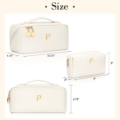 Initial Makeup Bag Personalized Gift for Women Teen Girls (Large Beige / P)