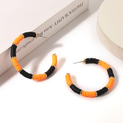 Game Day Earrings Football Baseball Earrings for Women Sports Team Heishi Hoop Earring Football Accessories Outfits Cheer Mom Essentials Fall Sports Must Haves Cheer Gifts (Orange Black)
