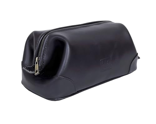 Leather Toiletry Bag for Men Best Gift Premium Genuine Dopp Kit Shaving Kit Organizer Travel Kit Pouch Bag 10 inch Size (Black)