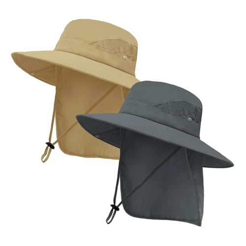 UPF 50+ Wide Brim Sun Hat with Neck Flap (Dark Grey+khaki)