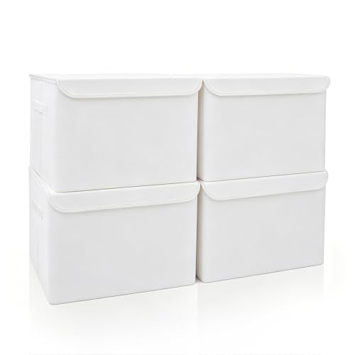 Large 22 Quart Linen Fabric Foldable Storage Bin Cube Organizer Basket with Flip (White / Medium - 4 Pack)