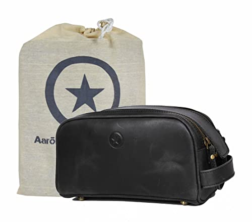10" Premium Leather Toiletry Travel Pouch With Waterproof Lining Black Color (Florida Black)