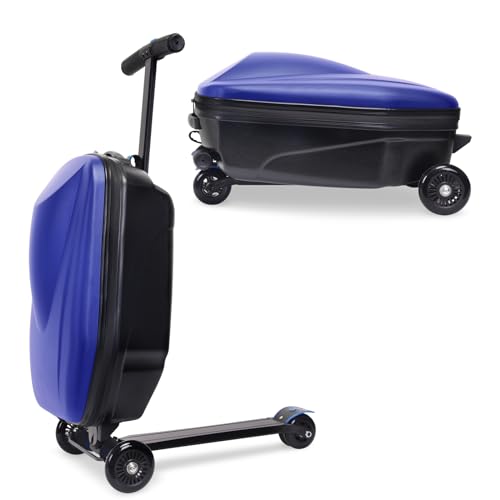 2-in-1 Ride-On Scooter Suitcase, 20” Foldable Hardshell Carry-On Luggage for Travel, Lightweight Kids Scooter Bag with Wheels (Dark Blue)