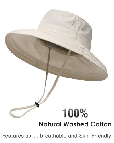 Womens Sun Hat with Ponytail Hole Cotton Shapeable Wide Brim Beige (Medium-Large / Beige)