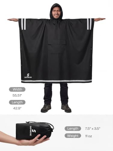 Adult Rain Poncho Waterproof Hooded Raincoat Lightweight Packable (One Size / Black03 (With Reflective Stripes))