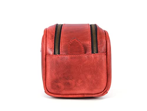 10" Premium Leather Toiletry Travel Pouch With Waterproof Lining (Scarlet Red)