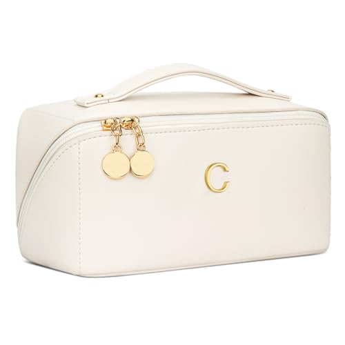 Initial Makeup Bag Personalized Gift for Women Teen Girls (MediumBeige / C)
