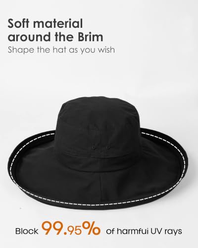 Sun Hats for Women Gardening Hat Wide Brim Ponytail Beach Sun Protection Breathable Cotton Summer Hat with Fold (Medium-Large / Black)