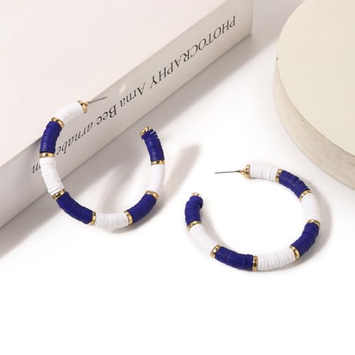 Game Day Earrings Football Baseball Earrings for Women Sports Team Heishi Hoop Earring Football Accessories Outfits Cheer Mom Essentials Fall Sports Must Haves Cheer Gifts (Blue White)