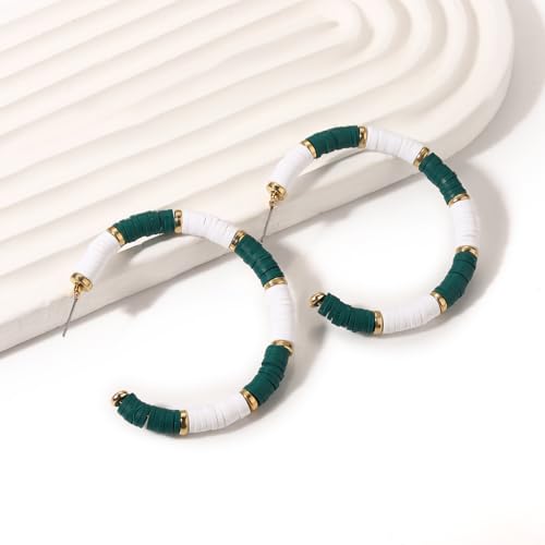 Game Day Earrings Football Baseball Earrings for Women Sports Team Heishi Hoop Earring Football Accessories Outfits Cheer Mom Essentials Fall Sports Must Haves Cheer Gifts (Green White)