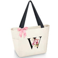 Tote Bag, A-Z Initial Monogrammed Waterproof Tote Bag, Bridesmaid Gifts for Women, Black and Pink (W, Beige) (Beige)