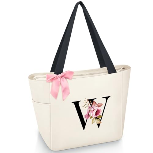 Tote Bag, A-Z Initial Monogrammed Waterproof Tote Bag, Bridesmaid Gifts for Women, Black and Pink (W, Beige) (Beige)