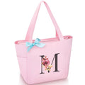 Tote Bag, A-Z Initial Monogrammed Waterproof Tote Bag, Bridesmaid Gifts for Women, Black and Pink (M, Pink) (Pink)