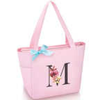 Tote Bag, A-Z Initial Monogrammed Waterproof Tote Bag, Bridesmaid Gifts for Women, Black and Pink (M, Pink) (Pink)