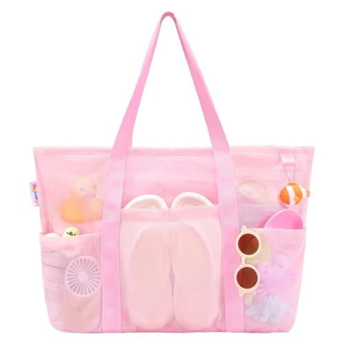 Mesh Beach Bag with Zipper (Pink)
