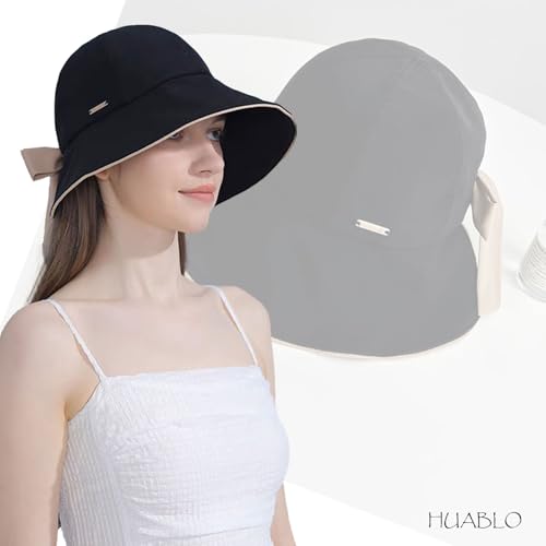 HUALBO Wide Brim Hats for Woman Foldable Hats Sun Hats for Women uv Protection Bowknot Bucket hat Adjustable hat with Ponytail Hole Black (Black)