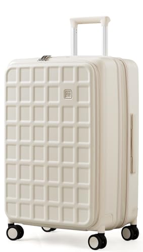 Expandable Top Opening 24 Inch Checked Luggage with Spinner Wheels (Coconut White / Checked-Medium 24-Inch)