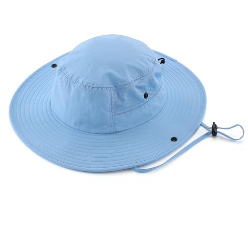 UPF50+ Mens Sun Hat Wide Brim Womens UV Protection Beach Bucket Hat for Fishing Hiking Snap Up Cowboy Hat (One Size / Light Blue)