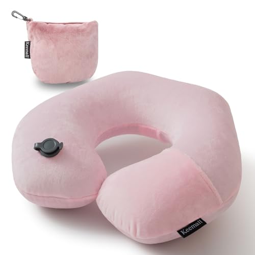 Inflatable Travel Neck Pillow for Airplane to Relieve Neck Pain (Soft Pink / Medium)