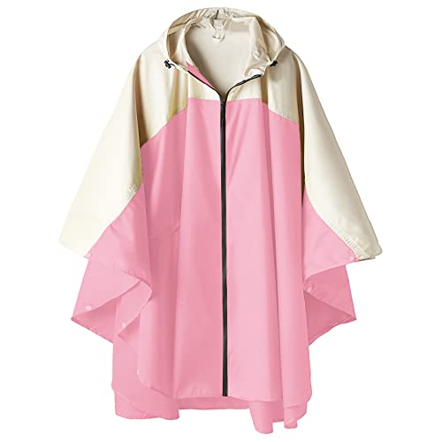 Adult Rain Poncho Waterproof Hooded Zipper Raincoat with Pockets (One Size / A-pink-white)