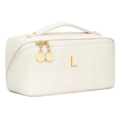 Initial Makeup Bag Personalized Gift for Women Teen Girls (MediumBeige / L)