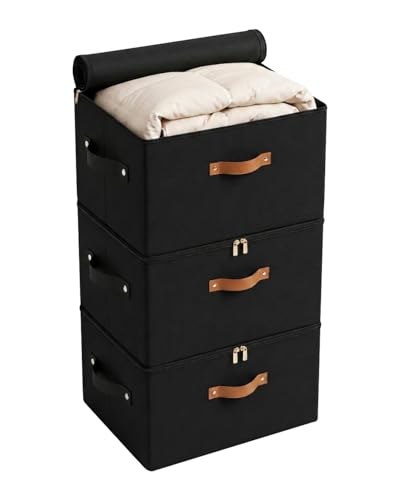3 Pack Foldable Storage Bin with Lid (Black / XXL-56L)
