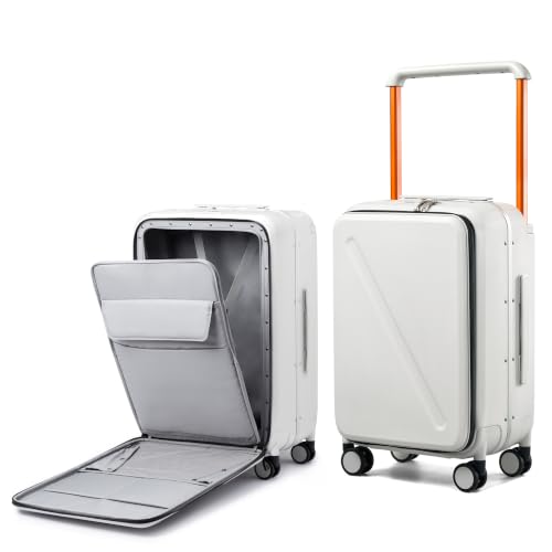 Wide Handle Luggage with Front Pocket Hardshell Aluminium Check In Suitcase with Wheels Medium 24 Inch Front Opening Checked Luggage with Spinner Wheels TSA Lock Airline Approved Luggage (Checked Medium 24 Inch / White)