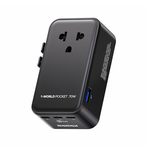 2026 NEW) MOMAX Universal Travel Adapter, Ultra-Thin 70W GaN International Plug Adapter with 3 USB-C, 1 USB-A and AC Outlet, Works in 200+ Countries, Not a Voltage Converter, for International Travel (Black / 70W)