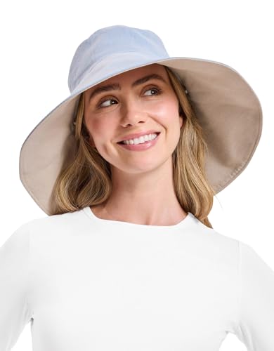 Women's Ultra Wide Cotton Linen Hat UPF 50+ (Small-Medium / Light Blue / Beige)