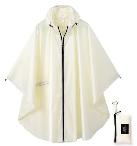 Rain Poncho Jacket Coat Hooded Zipper Style for Women (One Size / Beige)