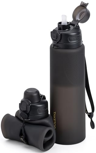 Collapsible Water Bottles with Straw for International Travel (Black / 32 Ounces / Straw)