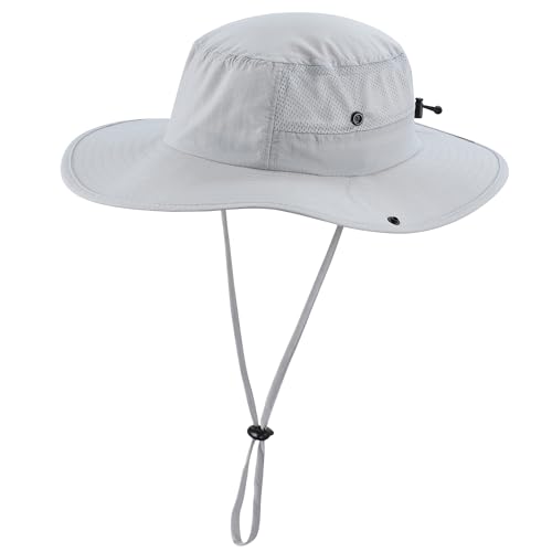 UPF50+ Mens Womens Sun Hat Wide Brim Sun Protection Hat for Beach Fishing Gardening Safari Bucket Hat Mesh Cowboy Hat Light Grey (One Size / Light Grey)