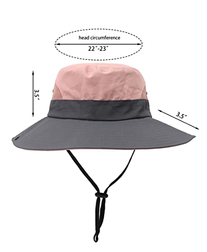Womens Summer Sun Hat Beach Hat Wide Brim Outdoor UV Protection Hat Foldable Cool Mesh Ponytail Bucket Hat (6-7 / Grey+pink)