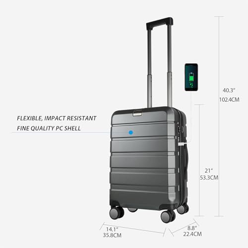 Hardside Expandable Carry On Luggage with Spinner Wheels & Built (Steel Grey)