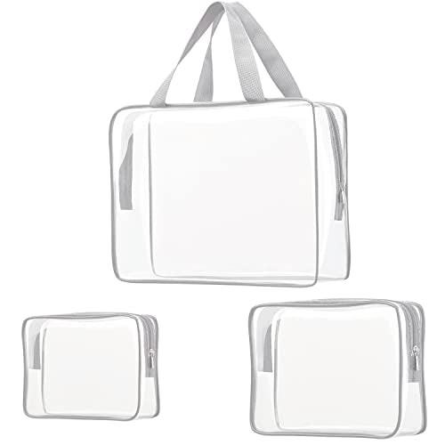 3Pcs Crystal Clear PVC Travel Toiletry Bag Kit for Women Men (1 Large, 1 Medium, 1 Small-Gray / 3 Piece Set)