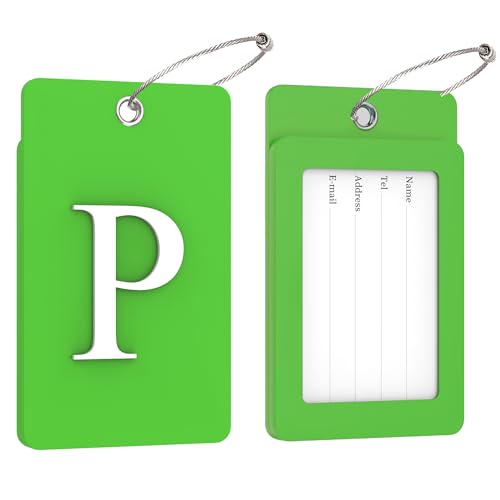 2 Pack Initial Luggage Tags for Suitcases Airplane Travel Essentials (Large P / Green)