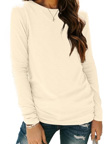 Long Sleeve Shirts for Women Casual Crewneck Tops Basic Tees (Small / 01cream)
