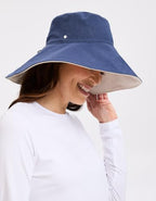 Women's Ultra Wide Cotton Linen Hat UPF 50+ (Large-X-Large / Navy / Beige)