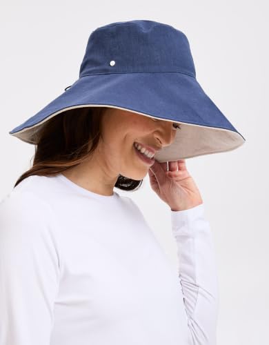 Women's Ultra Wide Cotton Linen Hat UPF 50+ (Large-X-Large / Navy / Beige)