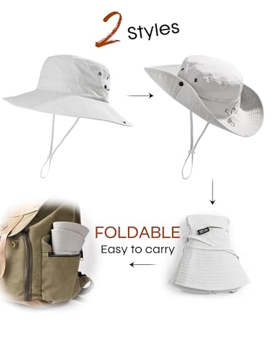 Sun Hats for Women Wide Brim Bucket Hat Ponytail Hole Outdoor UPF (Grey)