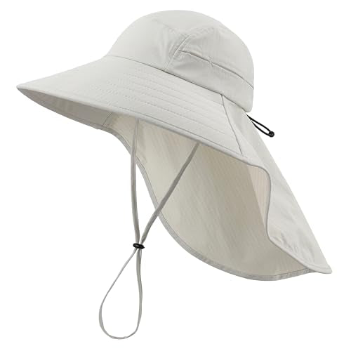 UPF 80+ Sun Hat for Men Women Wide Brim Sun Hat with Neck Flap Summer Safari UV Protection Gardening Fishing Hat Light Grey (Light Grey)