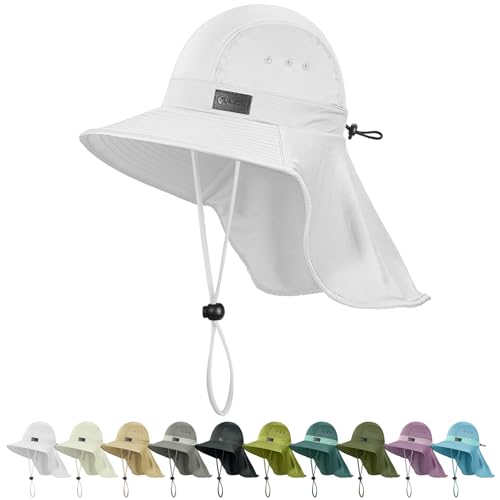 Cooling Sun Hat for Men Women UPF50+ Wide Brim Fishing Hat with Neck Flap Adjustable Foldable Bucket Hat for Hiking White (White)