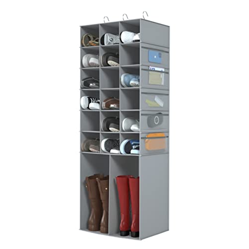 18+2 Section Hanging Shoe Organizer with Side Pockets (Grey With 10 Mesh Pockets / 20 Sections)