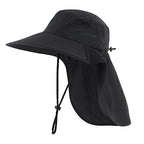 Outdoor UPF50+ Sun Hat Wide Brim Mesh Fishing Hat with Neck Flap (Large-X-Large / Black)