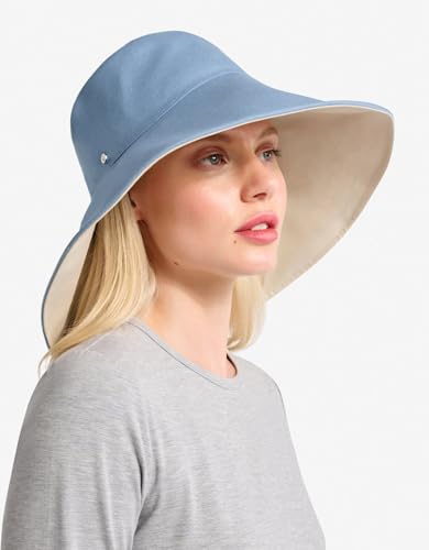 Women's Ultra Wide Cotton Linen Hat UPF 50+ (Small-Medium / Blue / Beige)
