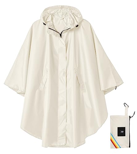 Unisex Rain Poncho Hooded Waterproof Raincoat for Adults Women (Beige)