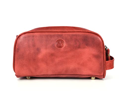10" Premium Leather Toiletry Travel Pouch With Waterproof Lining (Scarlet Red)